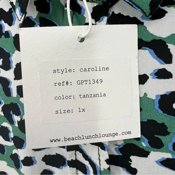BeachLunchLounge Top Womens Plus Size Green Leopard Print Button Roll Tab Sleeve - Picture 13 of 16